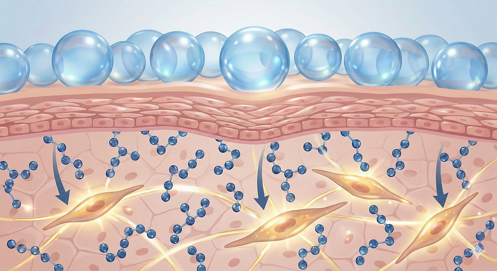 Un'immagine "zoom" della pelle in sezione che mostra le molecole superficiali che idratano e quelle profonde che stimolano i fibroblasti (spesso presente nei materiali marketing Natinuel).