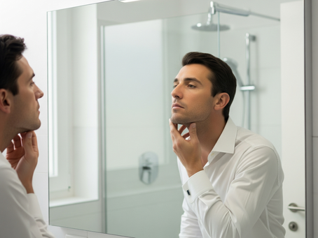 Uomo che esamina il suo viso cercando una soluzione per i brufoli sul viso da uomo ad Asti.