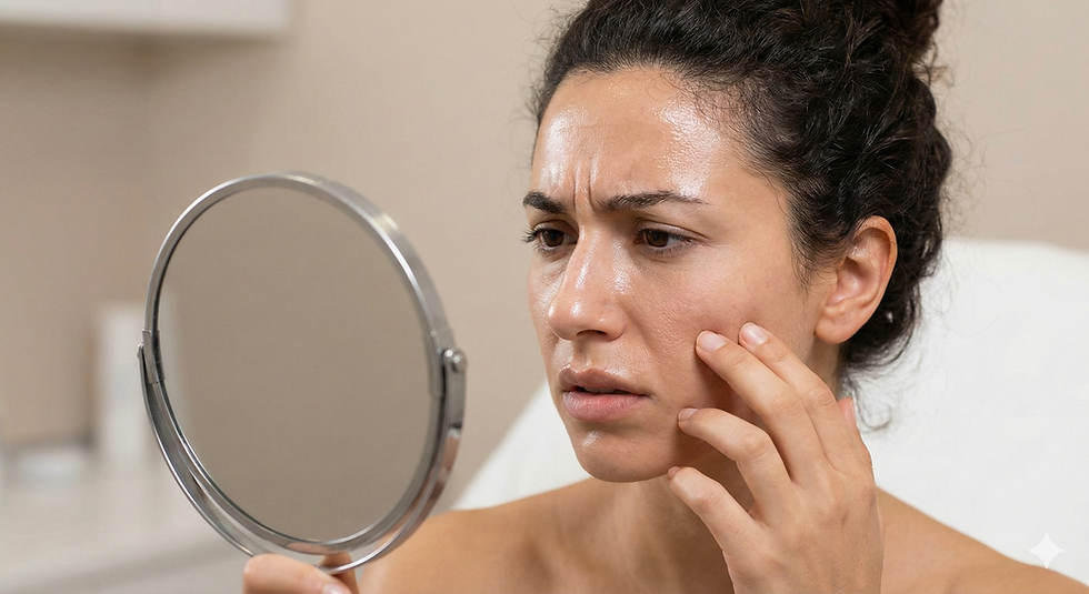 donna si guarda allo specchio con pelle asfittica