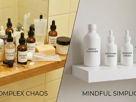 A split screen image. On the left, a chaotic bathroom shelf overflowing with many acid bottles, scrubs, and harsh soaps. On the right, a minimalist shelf with just 3 gentle, high-quality white skincare products. Soft lighting, clean aesthetic. Text overlay possibility.