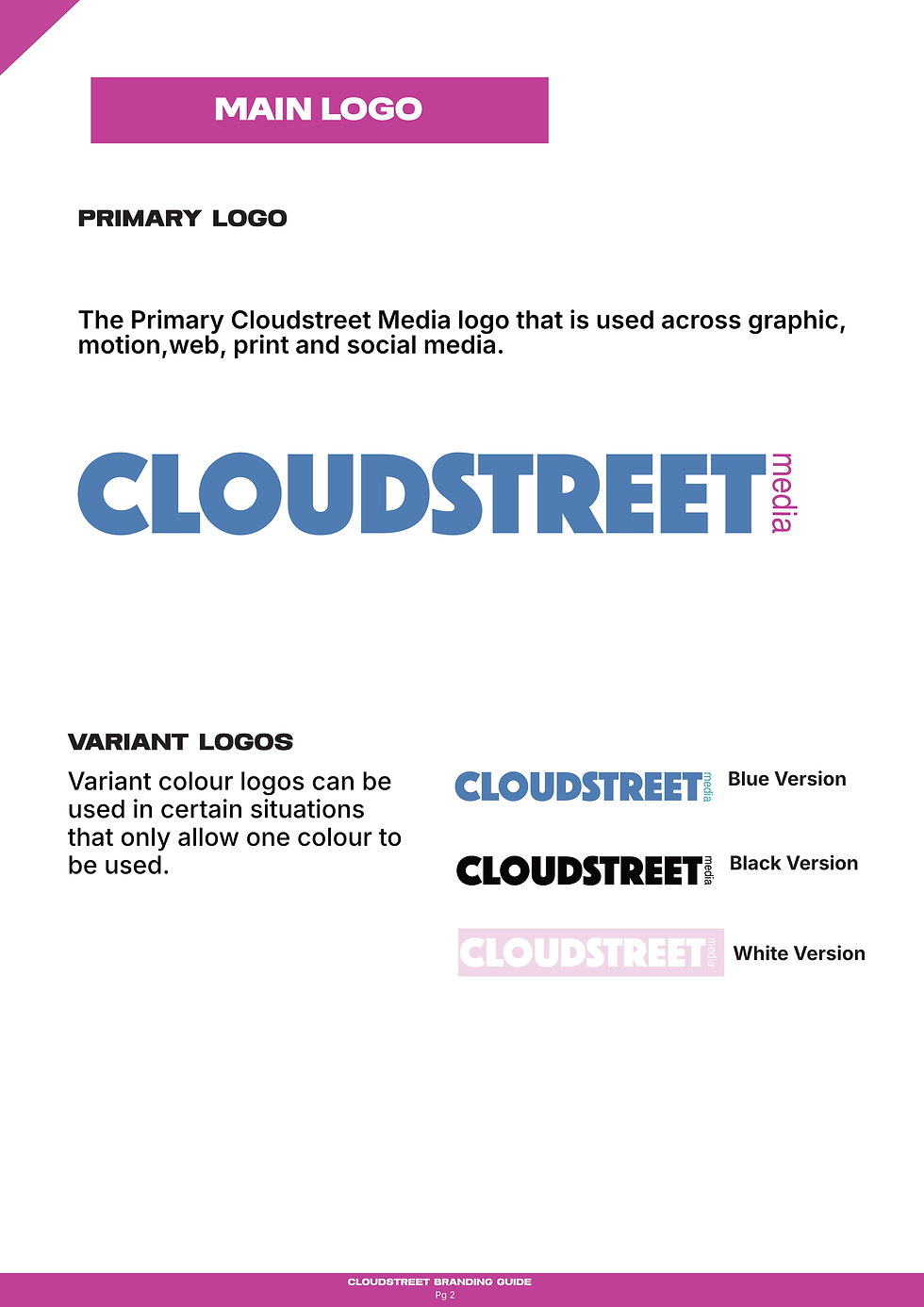 A page from the Cloudstreet brand guide including it's main logo and variations.