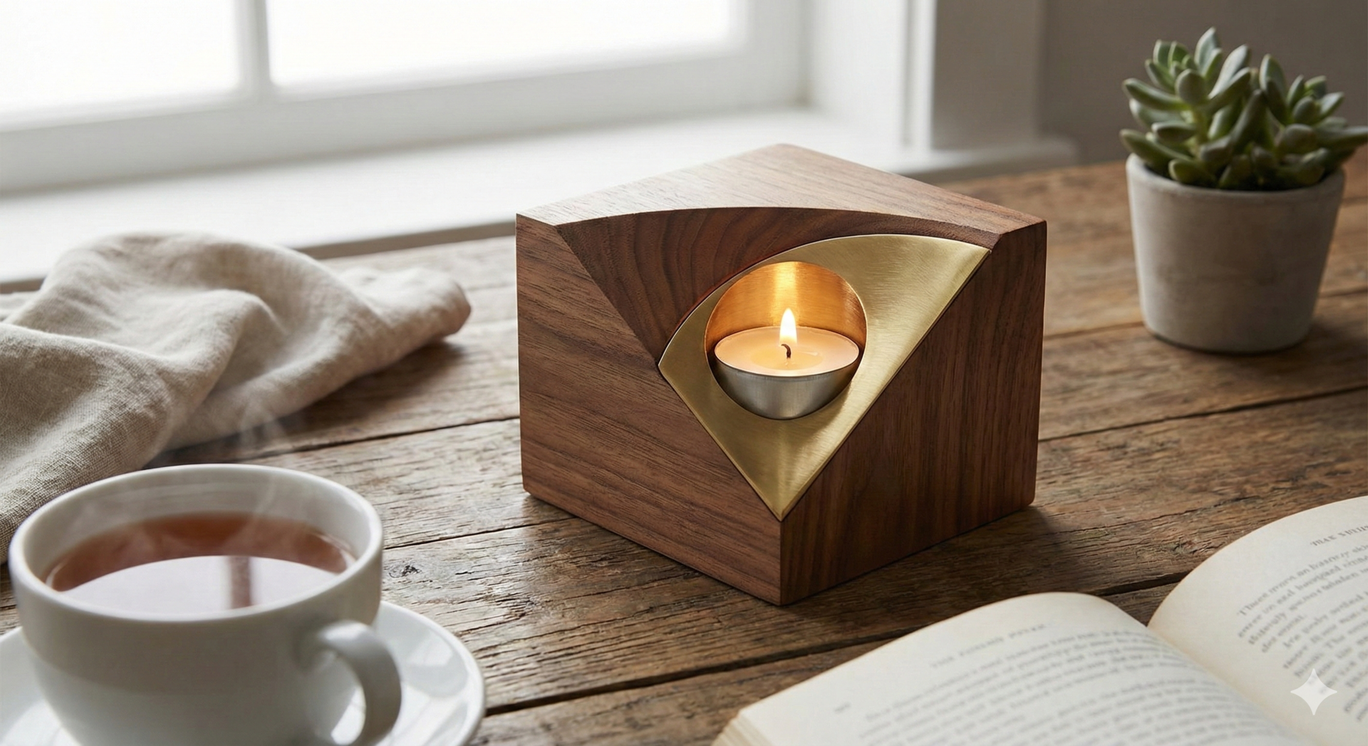 Zenith | Geometrik Masif Ahşap ve Pirinç Mumluk