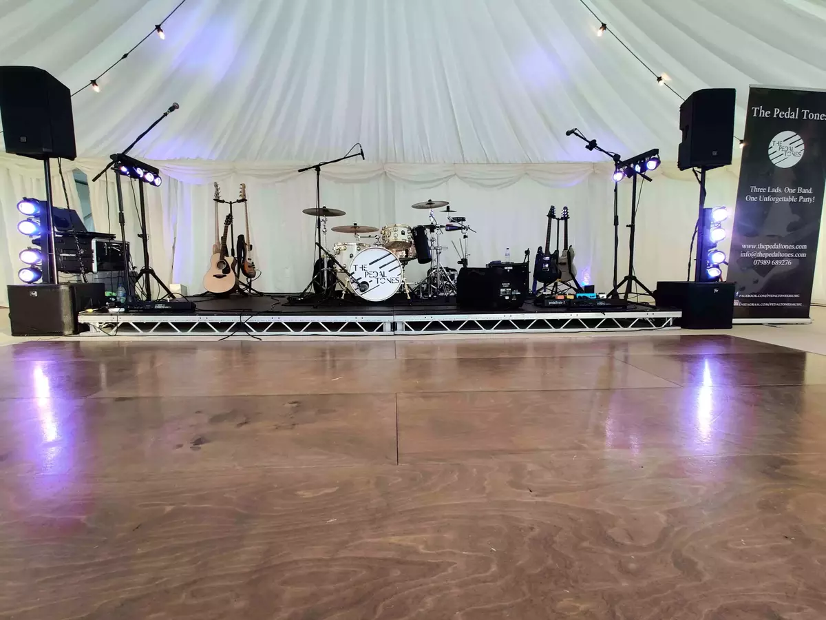 The Pedal Tones setup in a marquee for a wedding