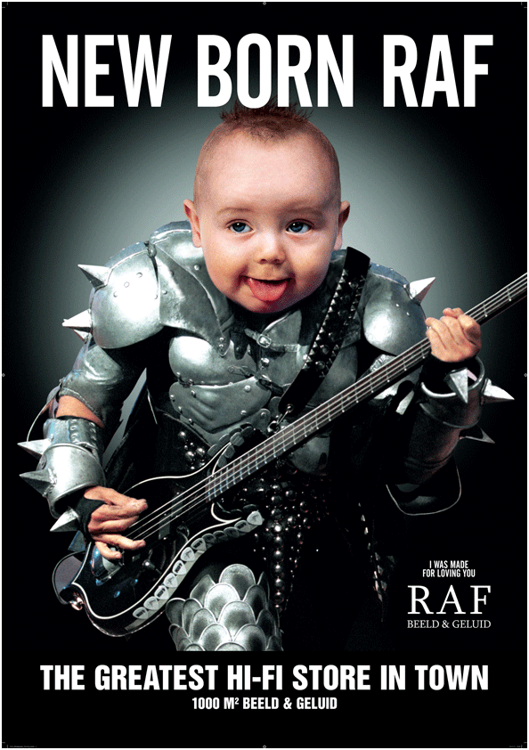 kiss band member Gene Simmons als baby. poster voor hifi Klubben. senior art director: van Leeuwen. copywriter: Frits Rijksbaron