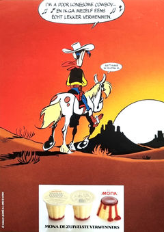 afbeelding  met Lucky Luke op jolly jumper in  een mooie zonsondergang 