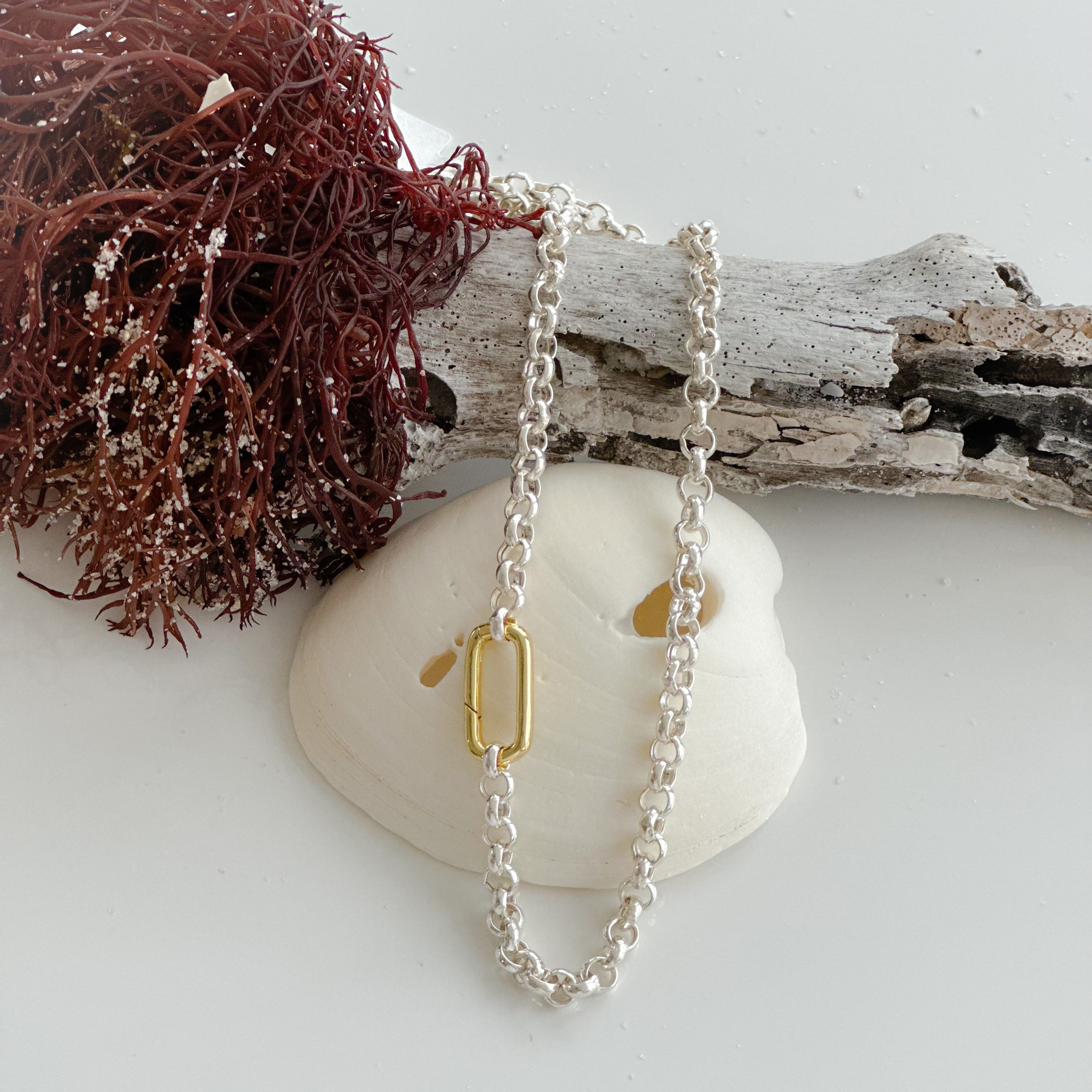 Sterling Silver Chunky Necklace with Gold Carabiner Clasp