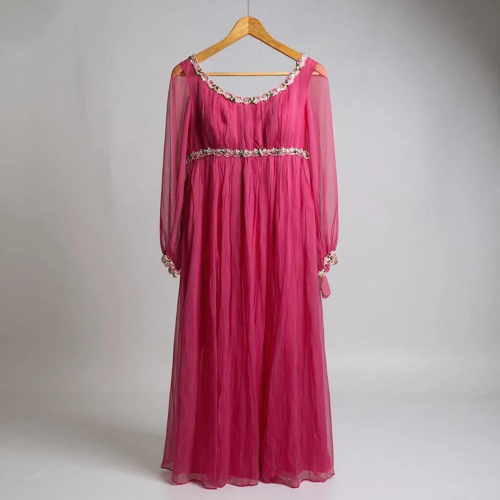 70s pink and crochet flower dress 