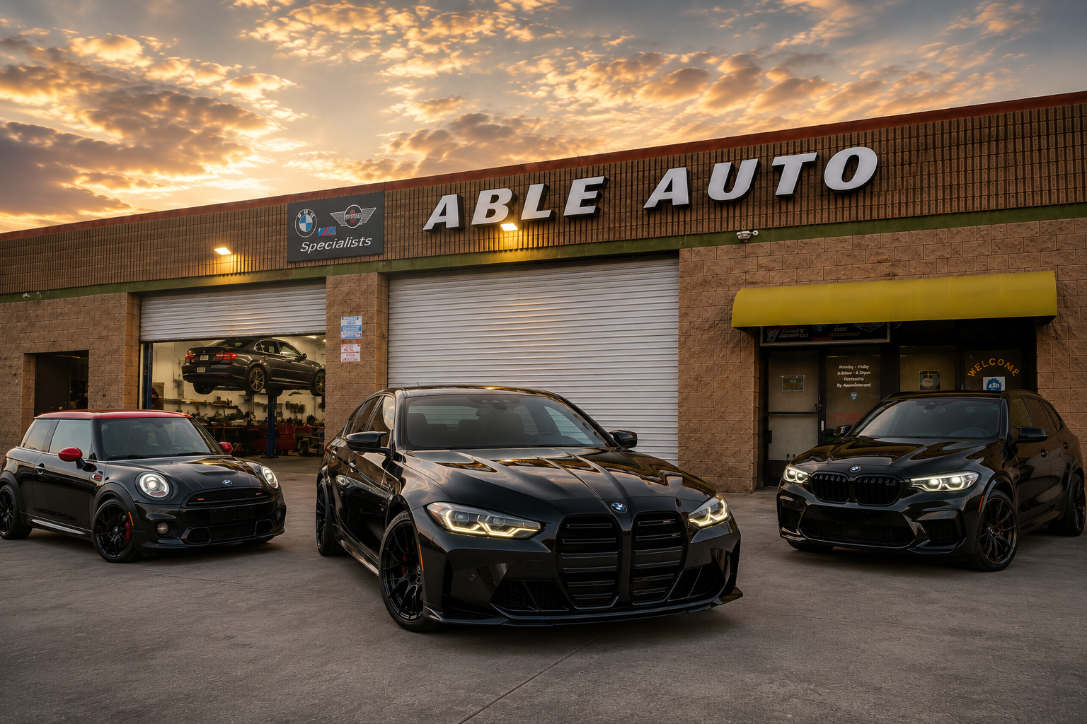 Existing website image of Able’s storefront and BMW/MINI lineup.