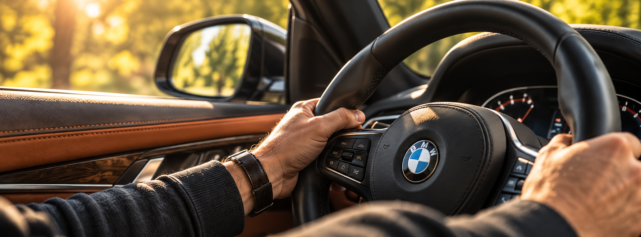 Hands on a BMW steering wheel with a cognac interior