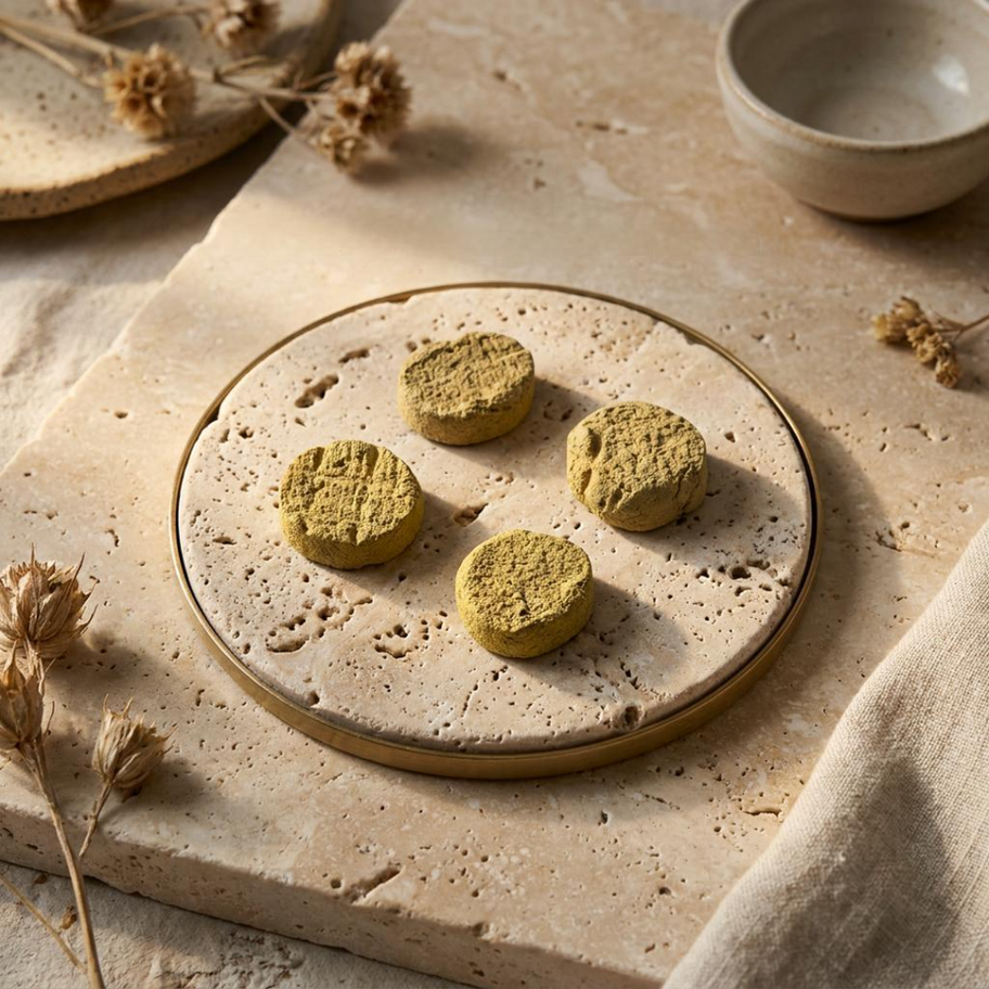 Set-Inhalt mit Pflanzenkohlen, Räucherperlen und aromatischer Kräutermischung