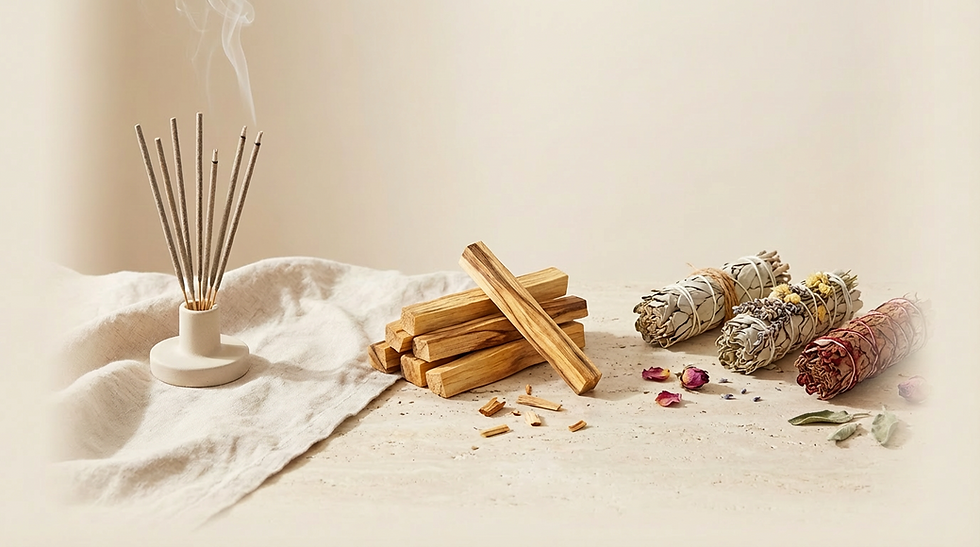 Getrocknete Räucherkräuter und Palo Santo auf hellem Untergrund