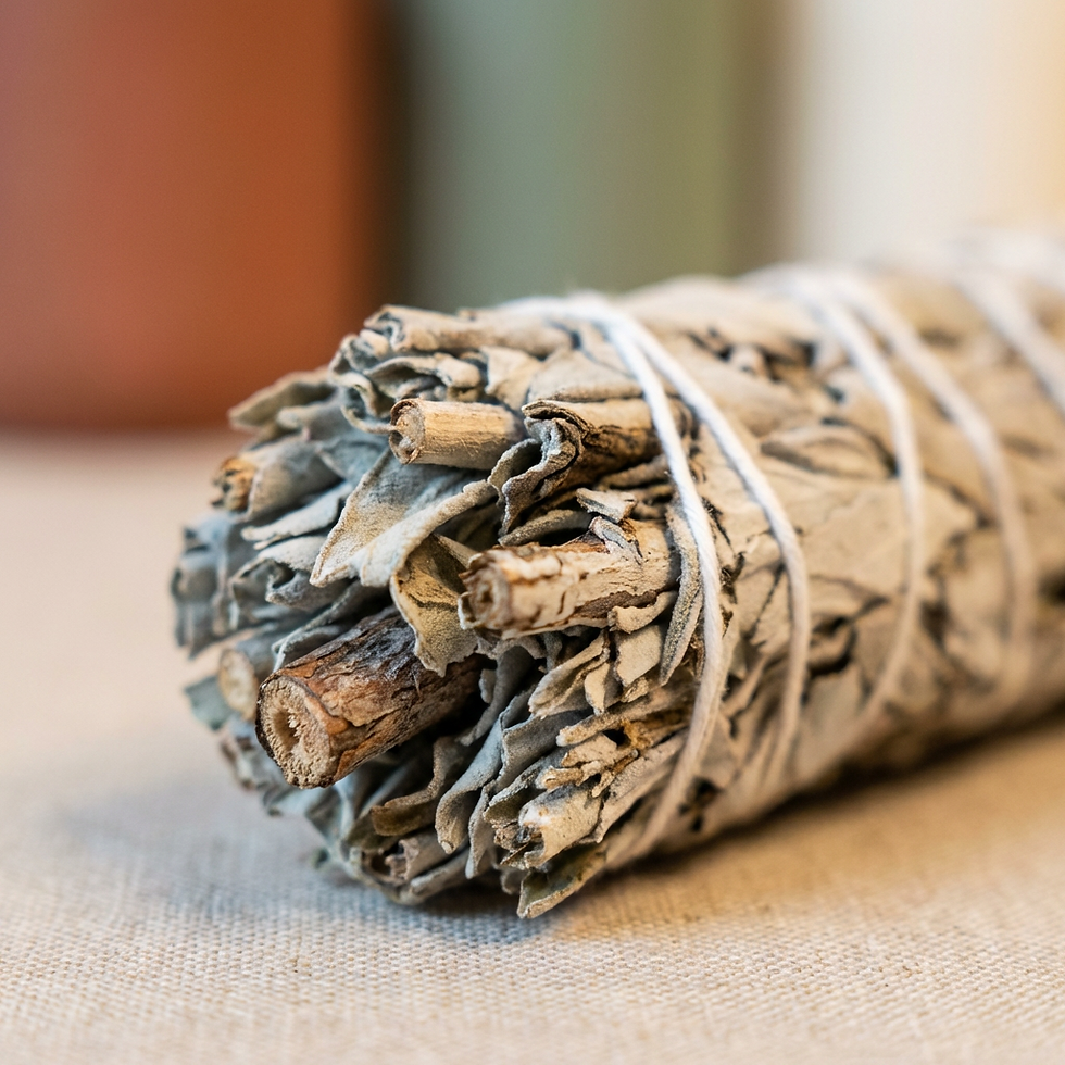 Detailansicht des silbrig-weißen Blattwerks am Salbei-Smudge-Stick