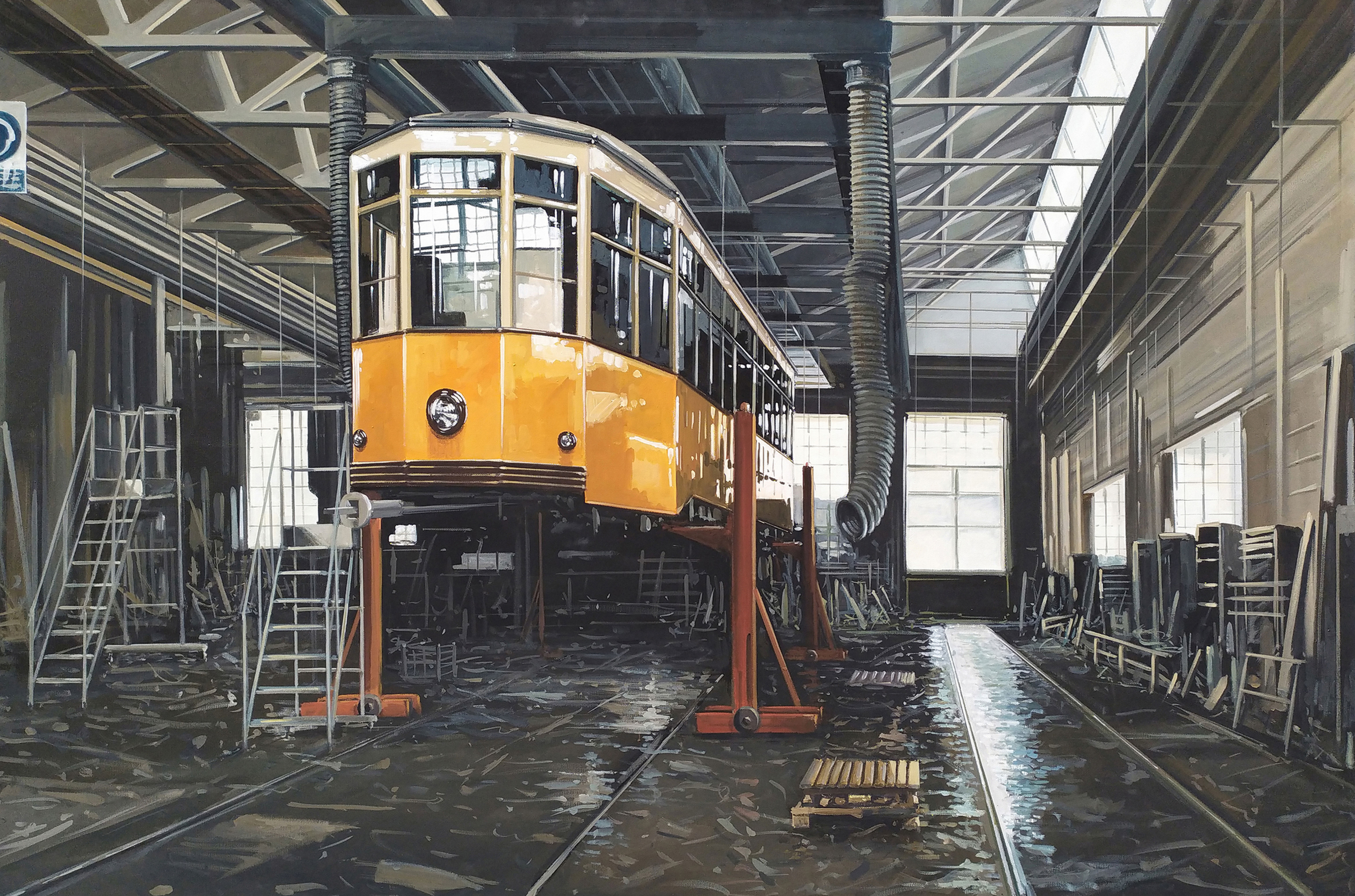 Quadro tram milano in deposito ATM. Dipinto acrilico su tela.