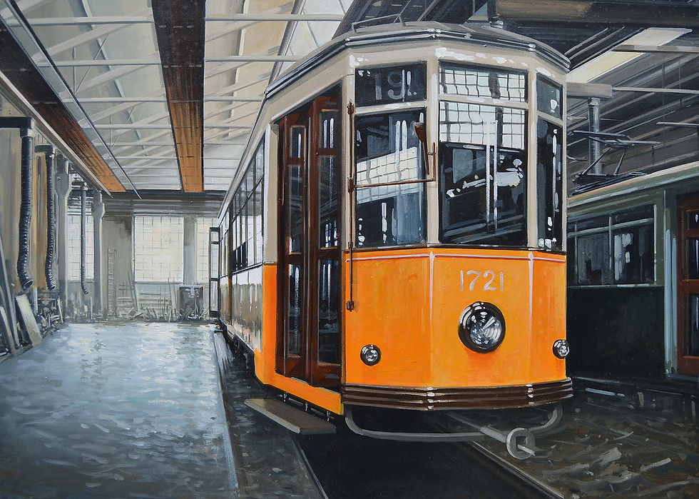 Quadro dipinto tram milano. Acrilico su tela. Deposito ATM
