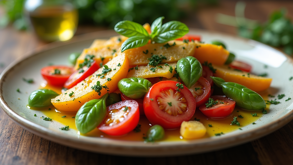 Close-up of a colorful Mediterranean diet plate with fresh vegetables and olive oil