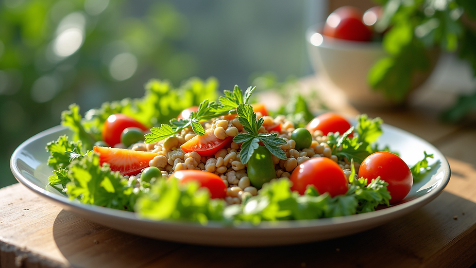 Vista cercana de un plato saludable con verduras frescas y coloridas