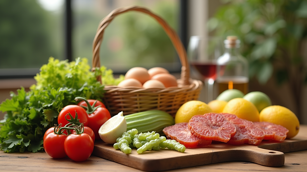 Vista frontal de una mesa con alimentos saludables y coloridos