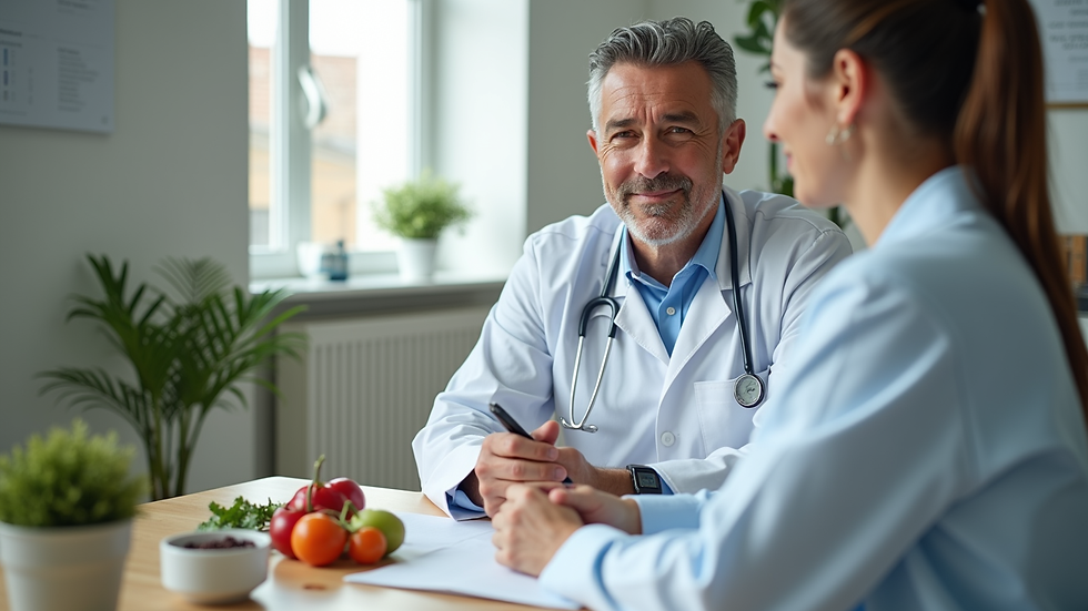 Vista a nivel de ojo de una consulta nutricional con un profesional y un paciente