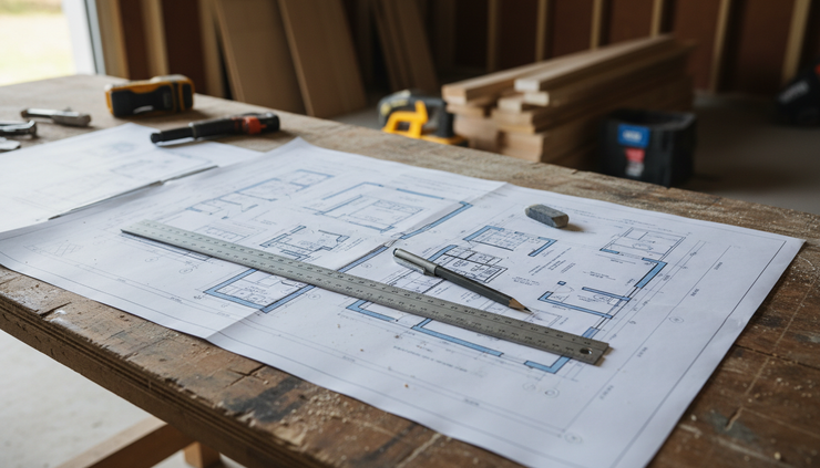 Eye-level view of printed residential building plans spread across a wooden workbench