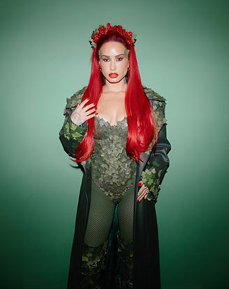 _ddlovato wears custom Poison Ivy look- bespoke corset & coat covered in laser cut & engra