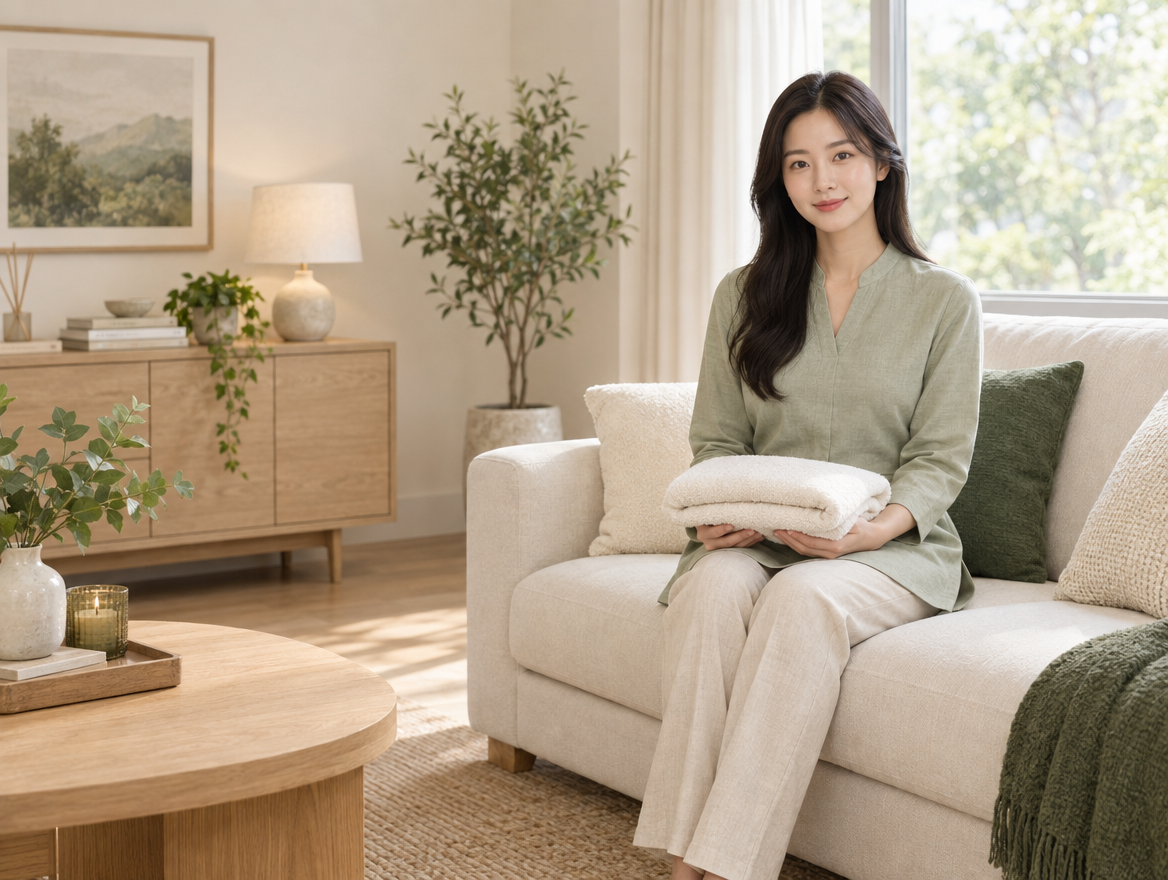 차분한 실내 공간의 여성 모델