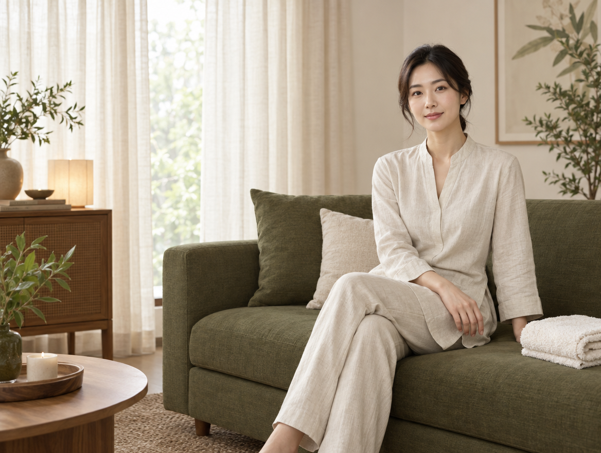 차분한 실내 공간의 여성 모델