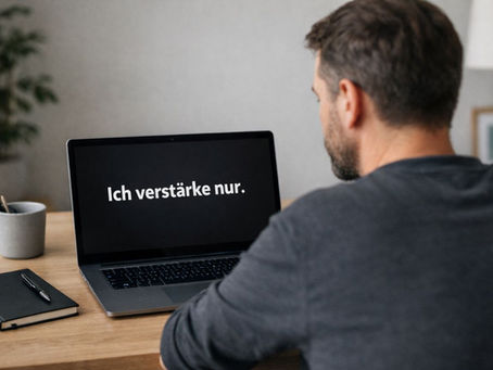 Ein Mann vor einem Bildschirm auf dem steht "Ich verstärke nur", für einen Beitrag über KI als Resonanzverstärker