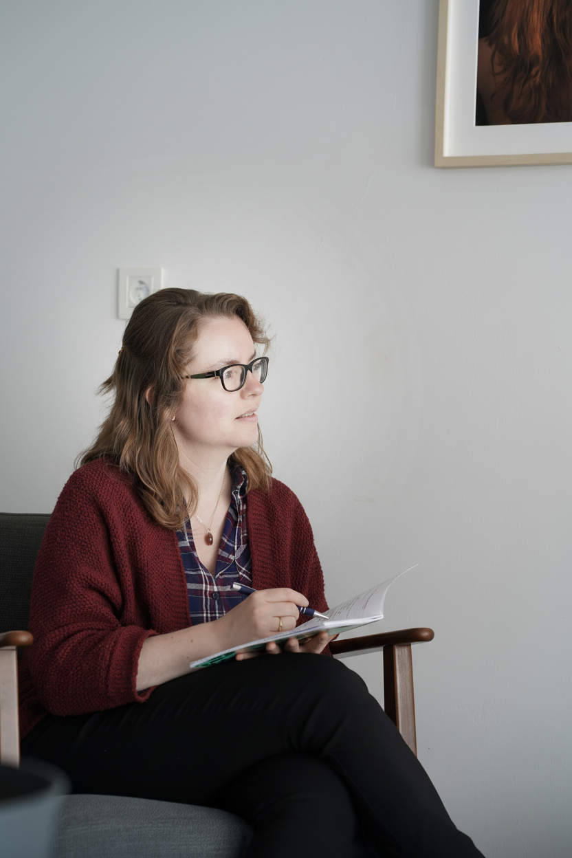 Vicky coacht een cliënt, met boekje in een stoel