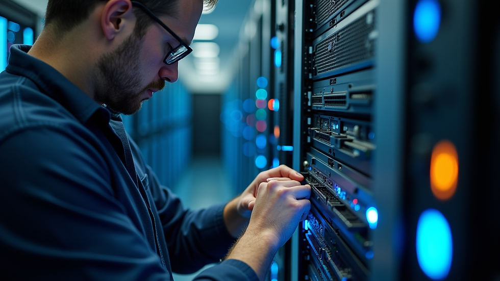Close-up view of a technician configuring network equipment in a data center