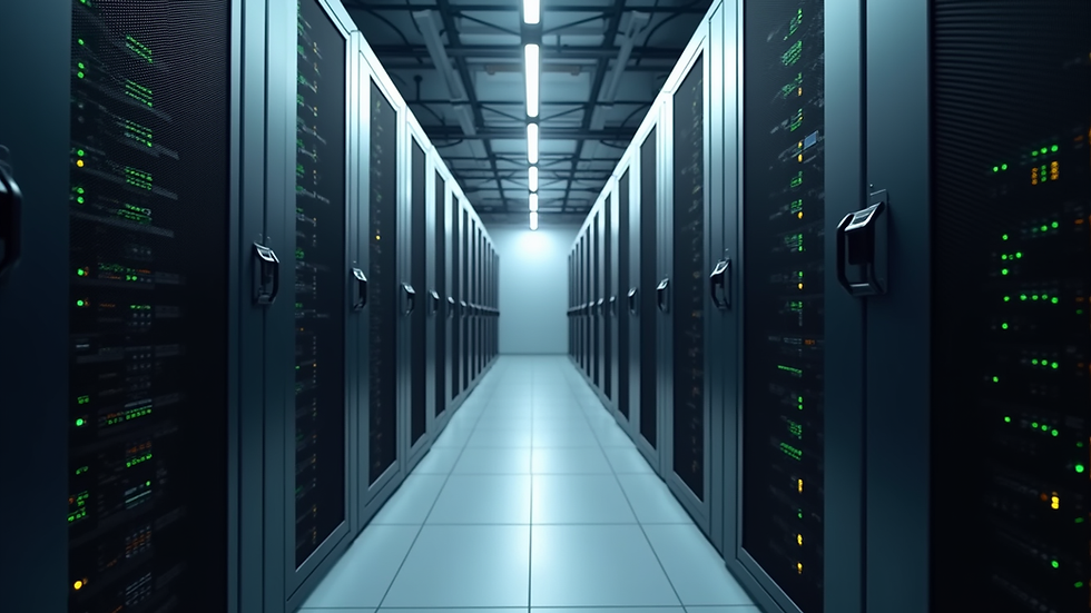 Eye-level view of a server room with racks of network equipment