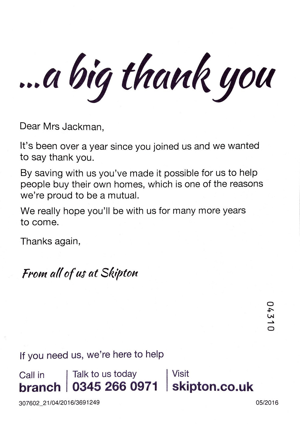 Thank you note from Skipton