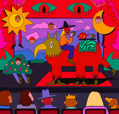 Digital Illustration of an audience watching a strange scene in a strange play by Summer Benton