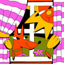 Digital illustration of a dog and the sun poking their heads into a window by Summer Benton