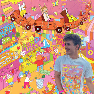 YouTuber Carter Kench and the merch Summer Benton designed for him, featuring an amusement park full of silly characters. 