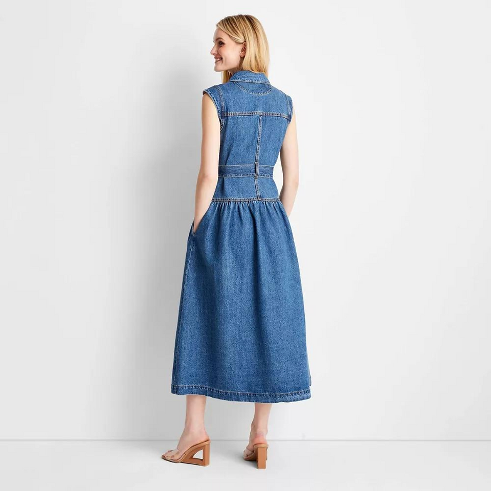 Women's Sleeveless Denim Button-Front Midi Dress - Future Collective™ with Jenee Naylor Medium Wash