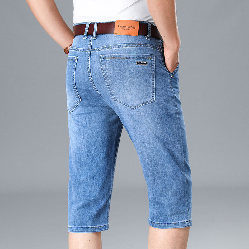 Summer Men's Thin Stretch Short Jeans Business Casual Blue Straight-leg Cotton D