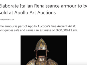 Elaborate Italian Renaissance armour to be sold at Apollo Art Auctions - Saleroom - 30th September 2024