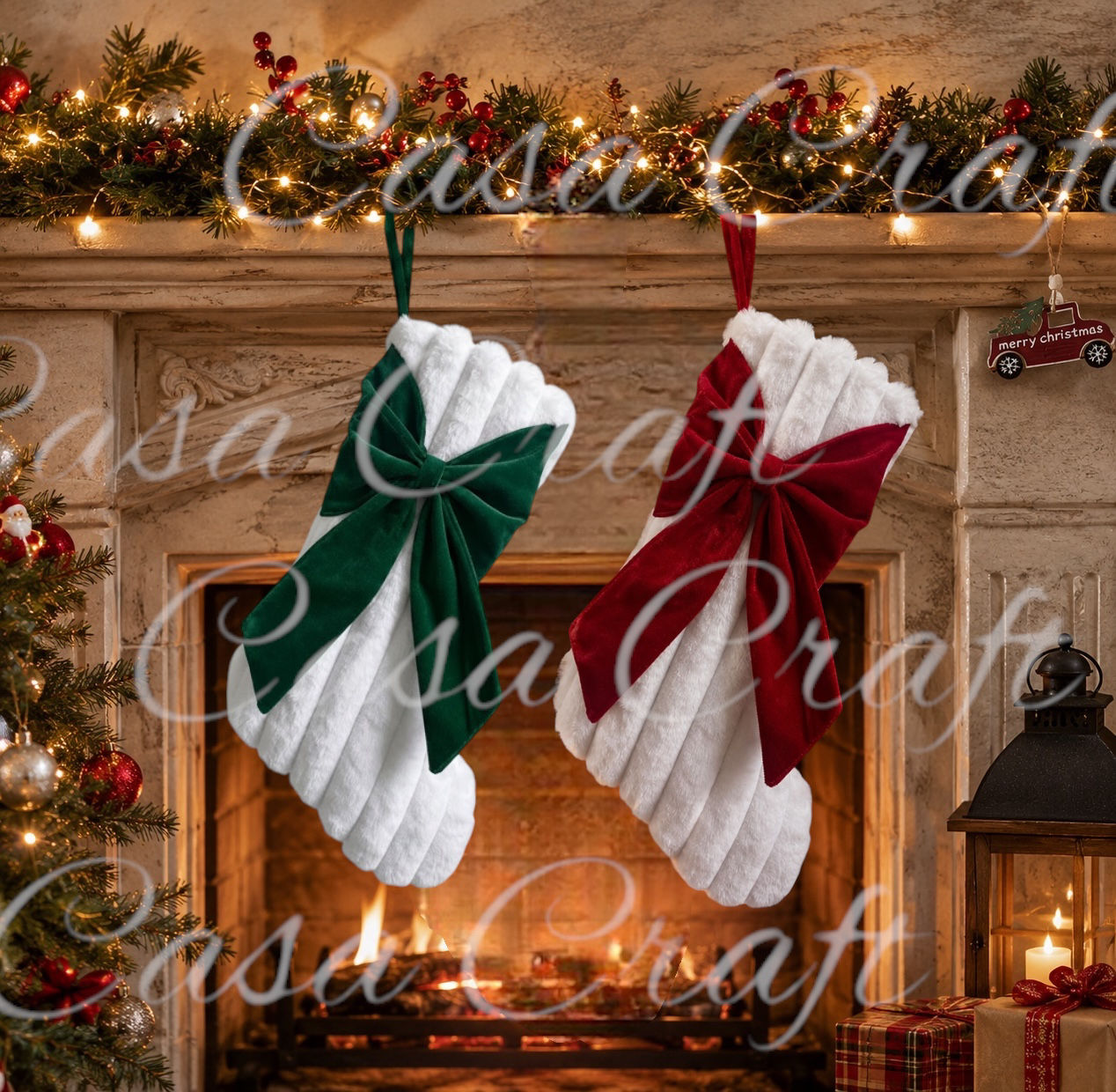 Christmas. White fluffy plush stocking with velvet bow 