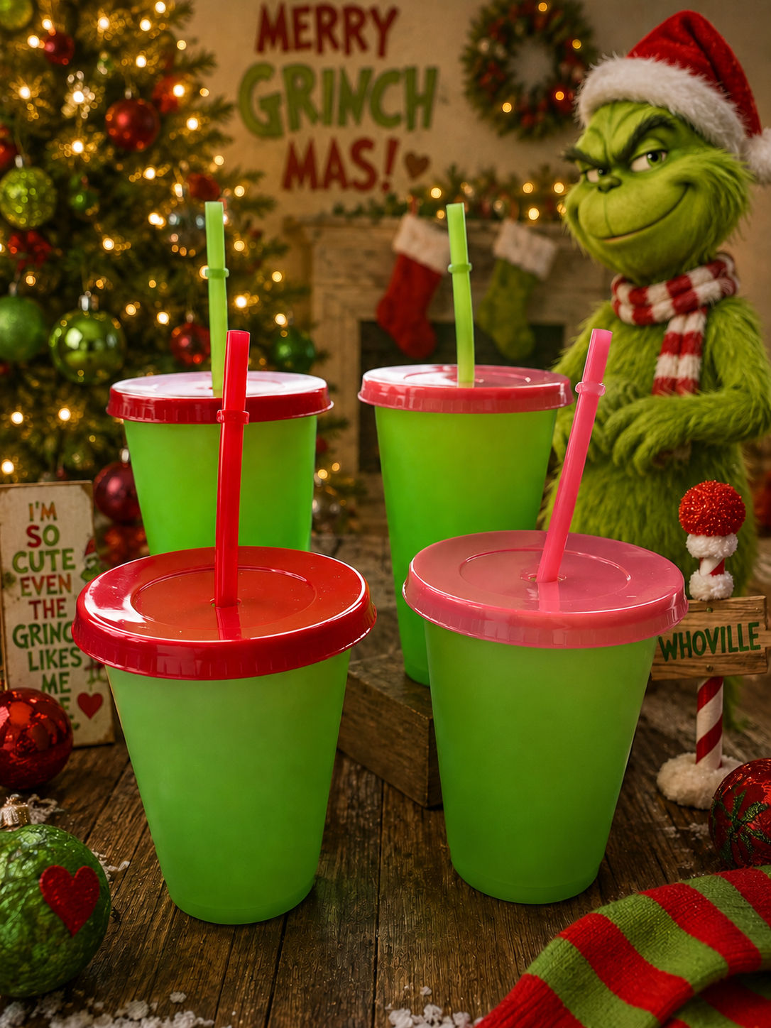 24oz or 16oz bright green reusable cup with red or pink lid - Christmas