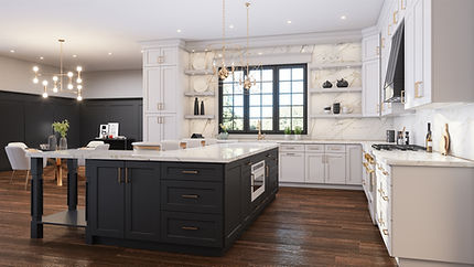 white kitchen perimeter cabinets and shaker black island cabinets with white countertop