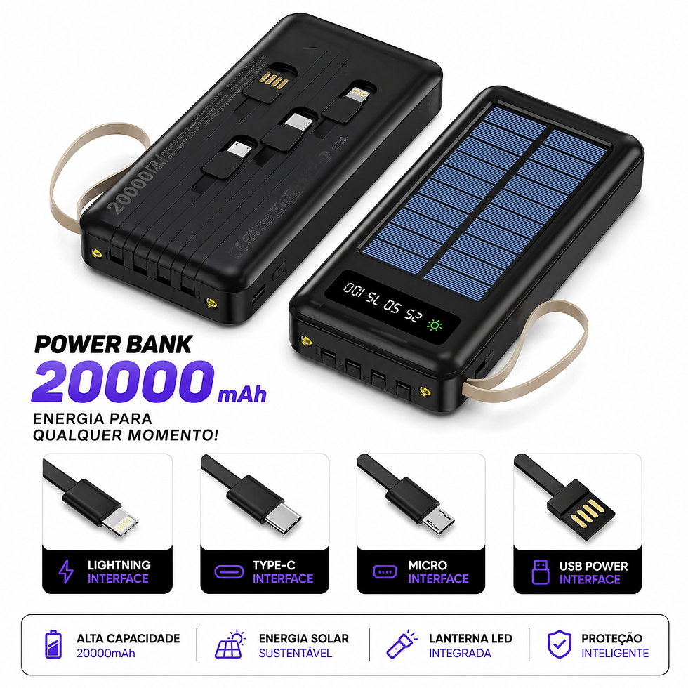 Miniatura: Carregador Portátil Solar 20000mAh com 4 Portas USB, Cabos Embutidos e Lanterna 