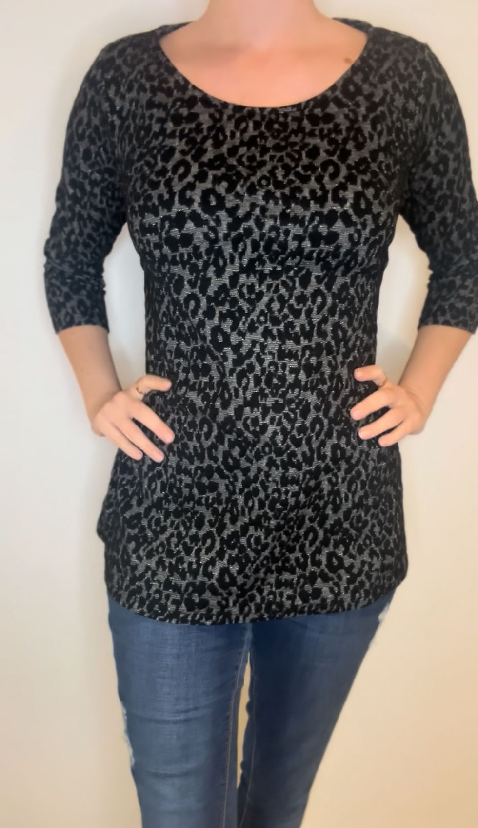Thumbnail: M&S Black Leopard Print Gold Detail Top - Size 14 - Preloved