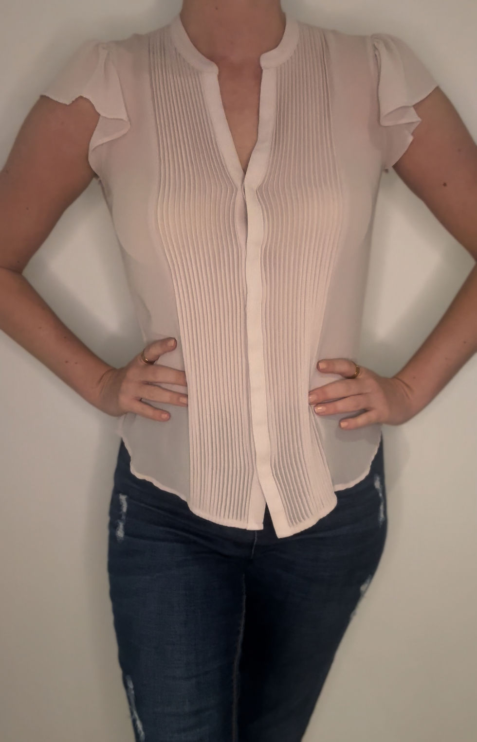 Thumbnail: H&M Nude Ruffle Sleeve Sheer Top - Size 8 - Preloved