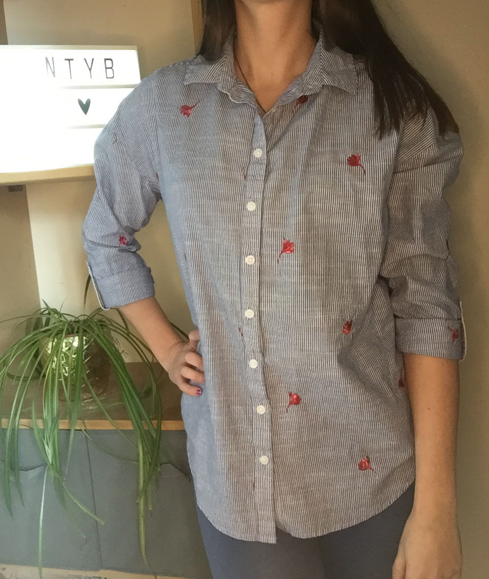 F&F Blue And White Stripe Shirt With Pink Flowers Size 10