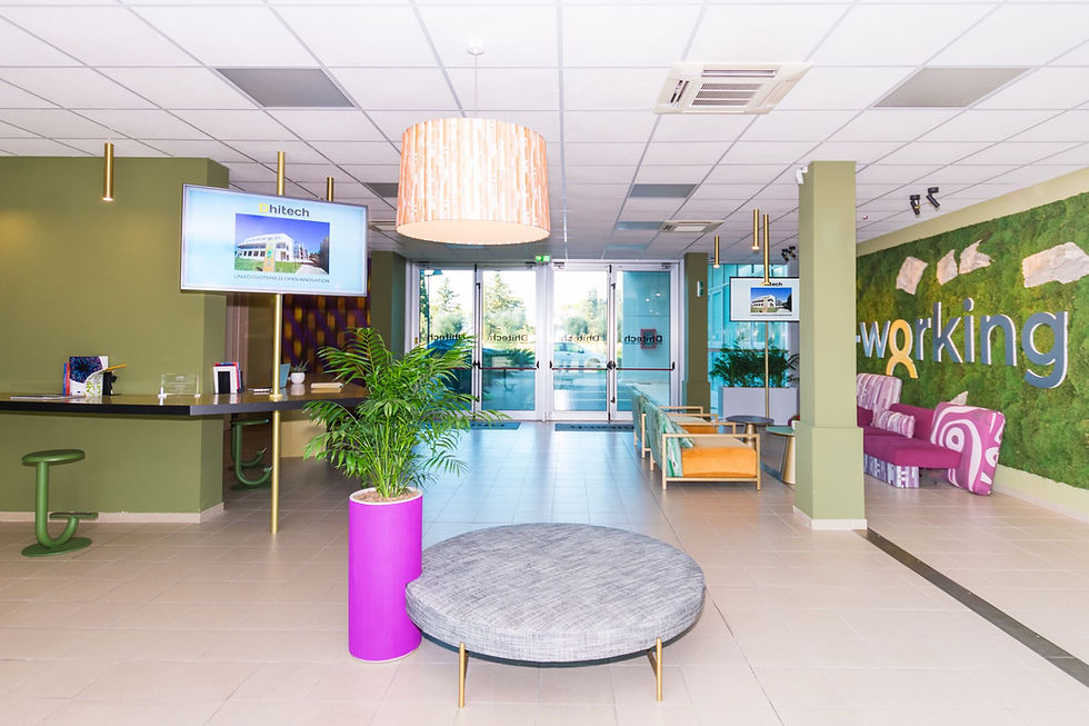 sala co-working con scrivanie e elementi di arredo creativi