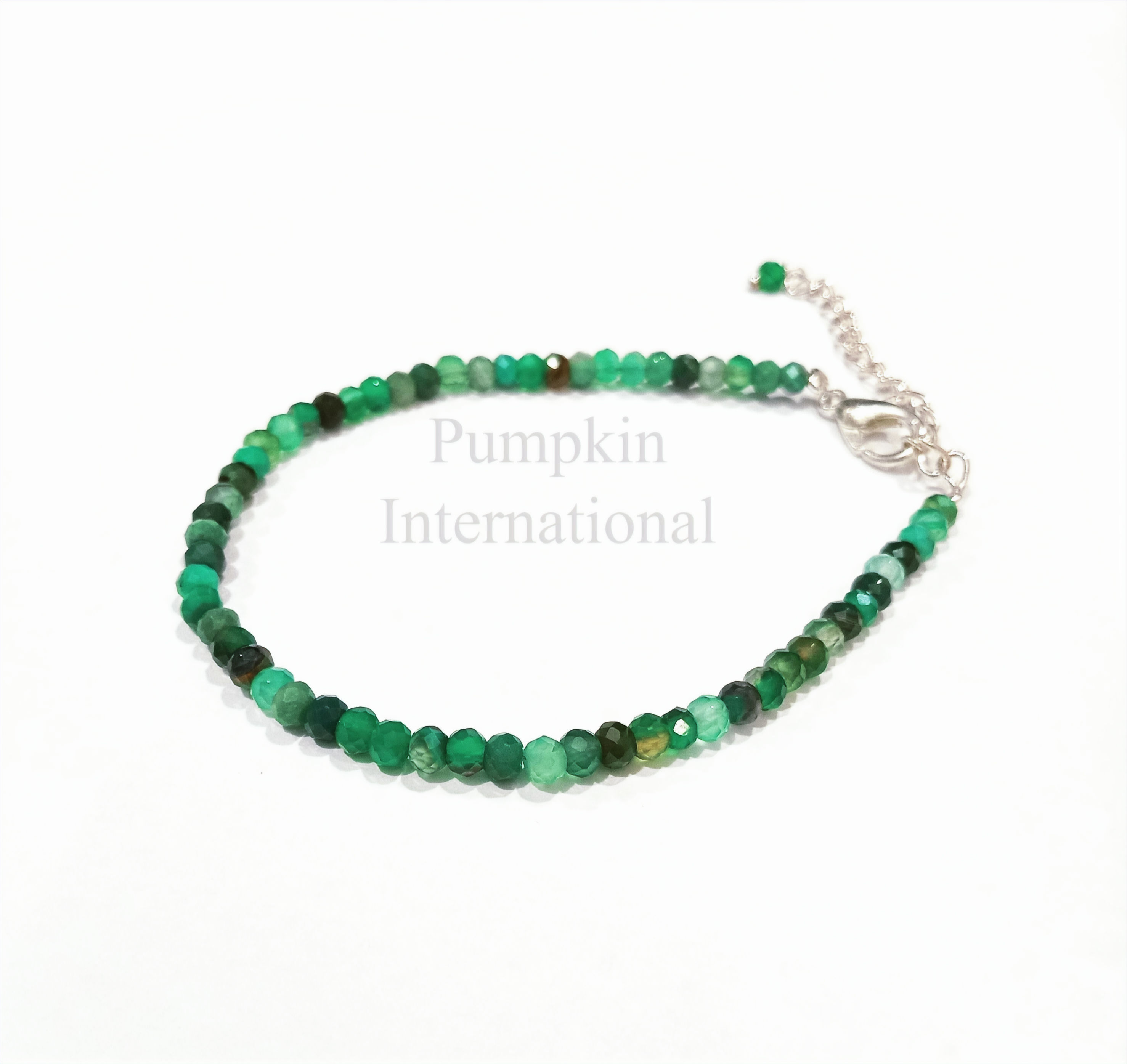 Green Onyx 3mm Round Beads Bracelet With 925 Sterling Silver Chain