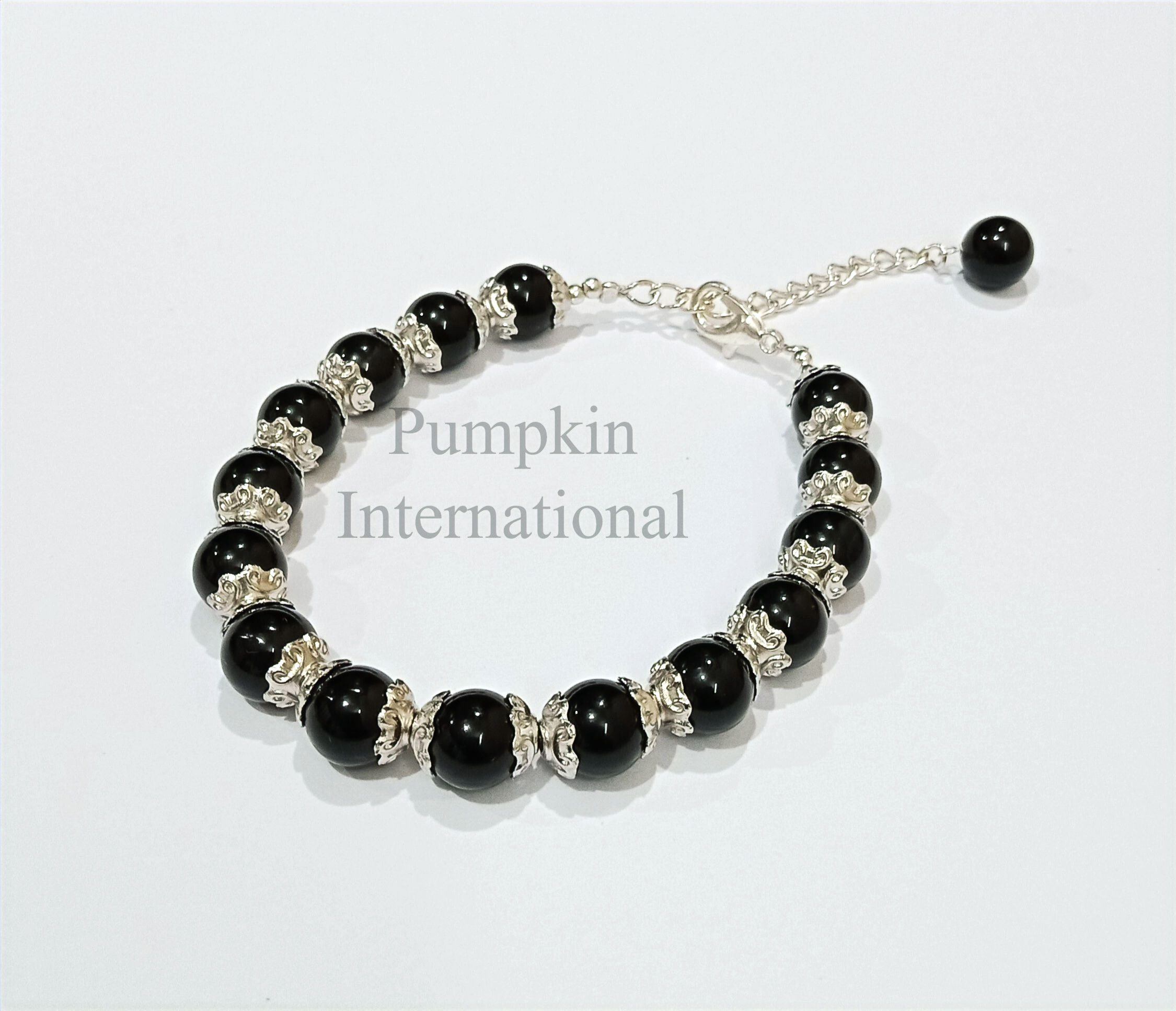 Black Onyx Round Beads Bracelet With 925 Sterling Silver Chain