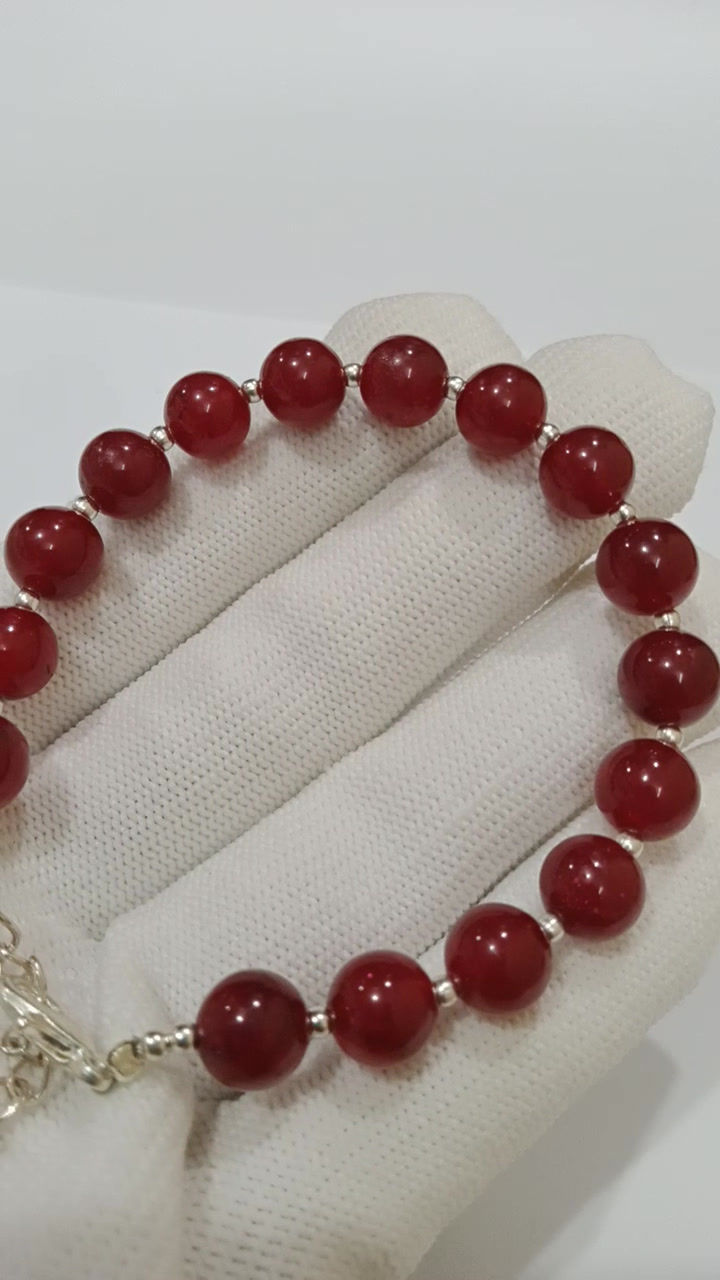 Thumbnail: Natural Red Quartz Round Beads Bracelet With 925 Sterling Silver Chain