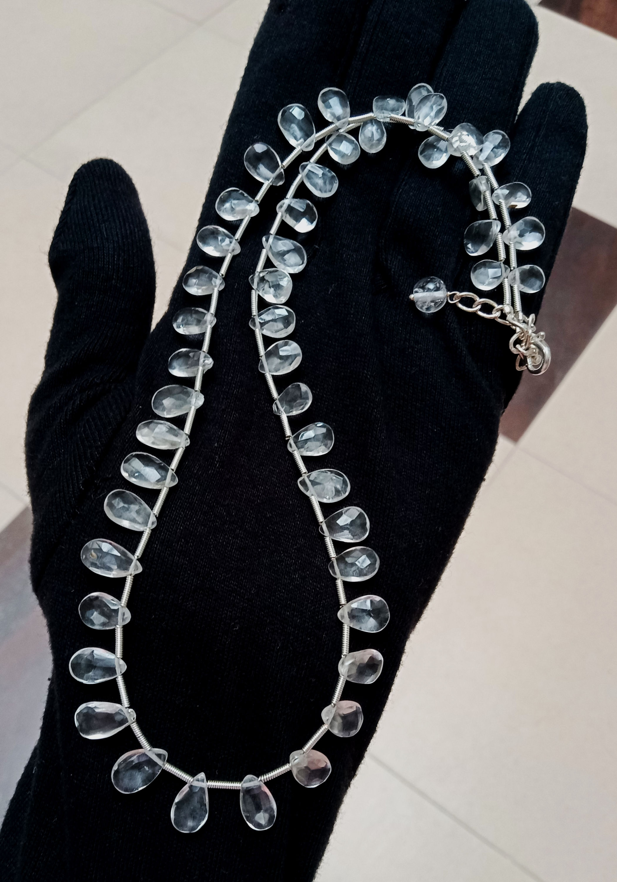 Natural Clear Quartz Teardrop Beaded Necklace: 925 Sterling Silver Clasp