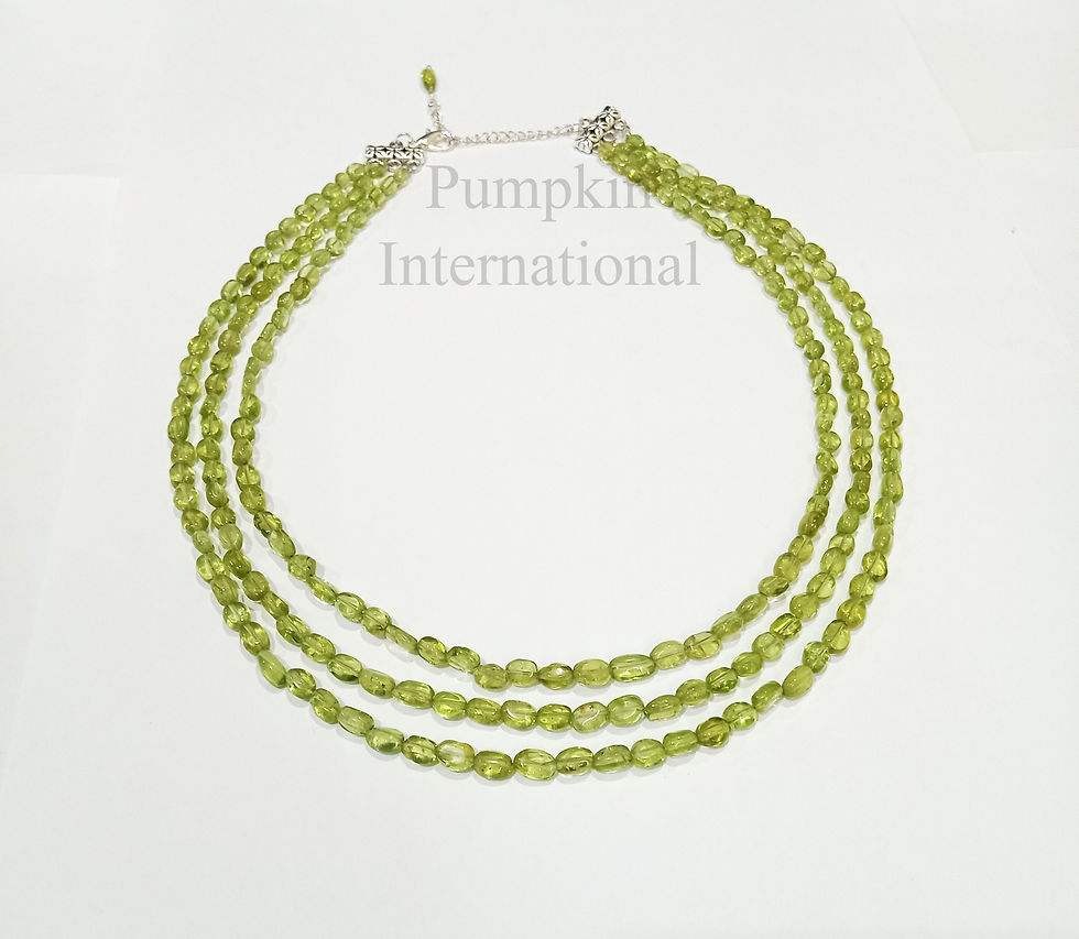 Thumbnail: Natural Peridot Oval Beads 3 Strand Necklace With 925 Sterling Silver Chain